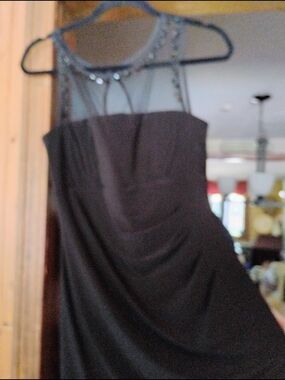 Scarlett Black Midi Dress Gorgeous Sheer Top With  with Beaded Illusion Yoke.